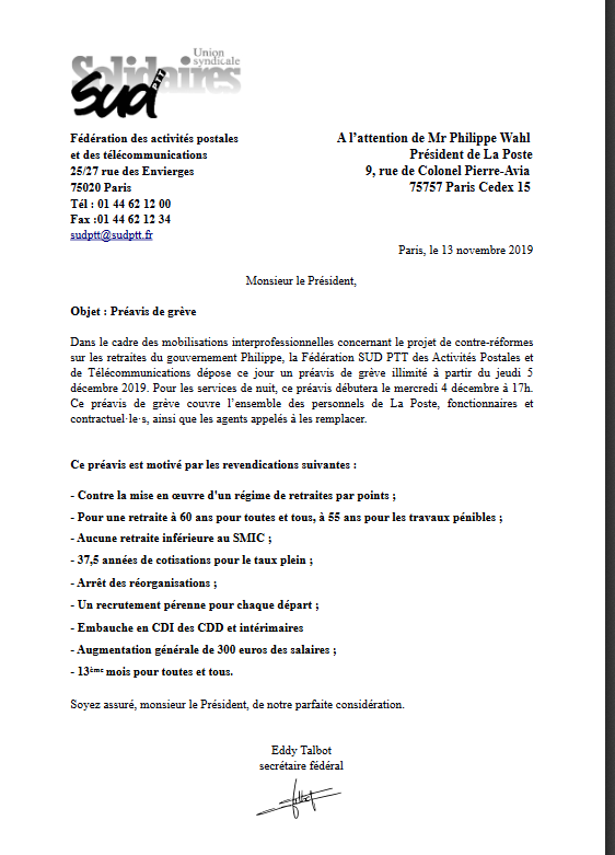 Préavis illimité 5 décembre 2019 La Poste a042c