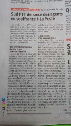 La Poste d'Albertville, sud PTT dénonce la souffrance