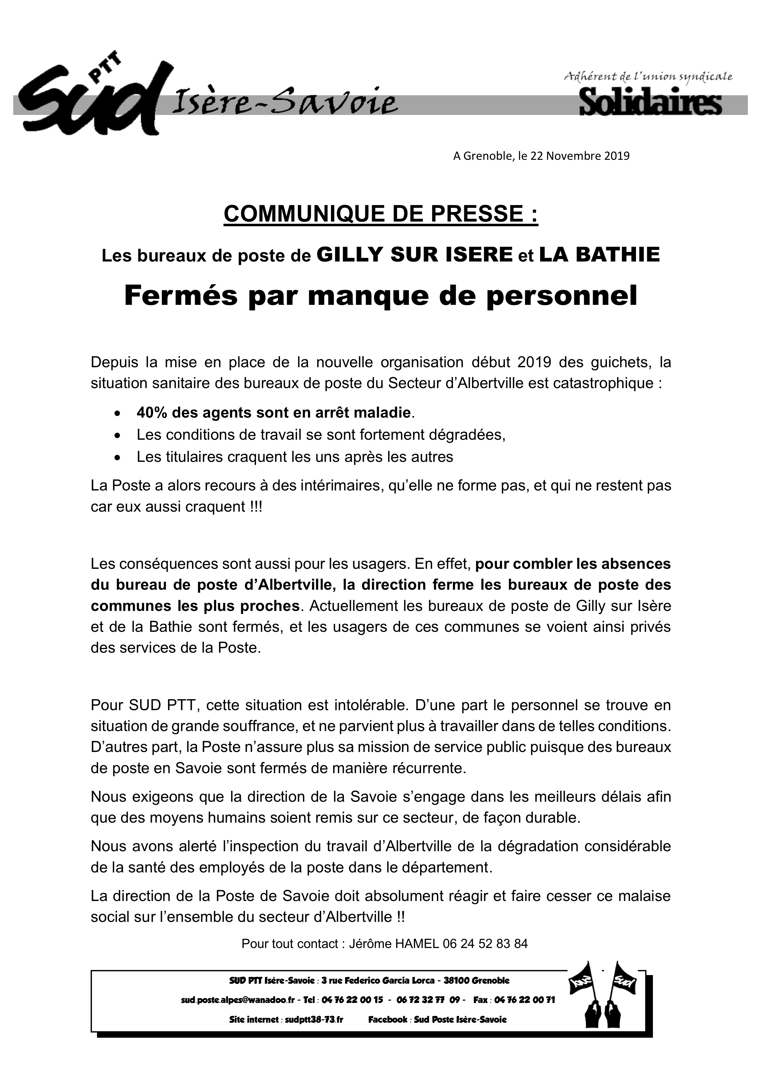 communique de presse, la poste à Albertville